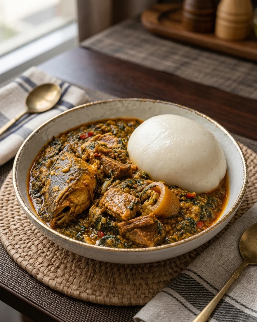 Tuwo Shinkafa with assorted meat and fish soup